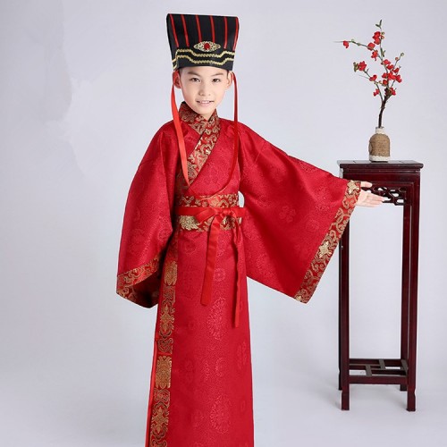 Boy's Chinese folk dance costumes children yellow red white hanfu emperor Confucius drama  ancient scholar cosplay costumes robes